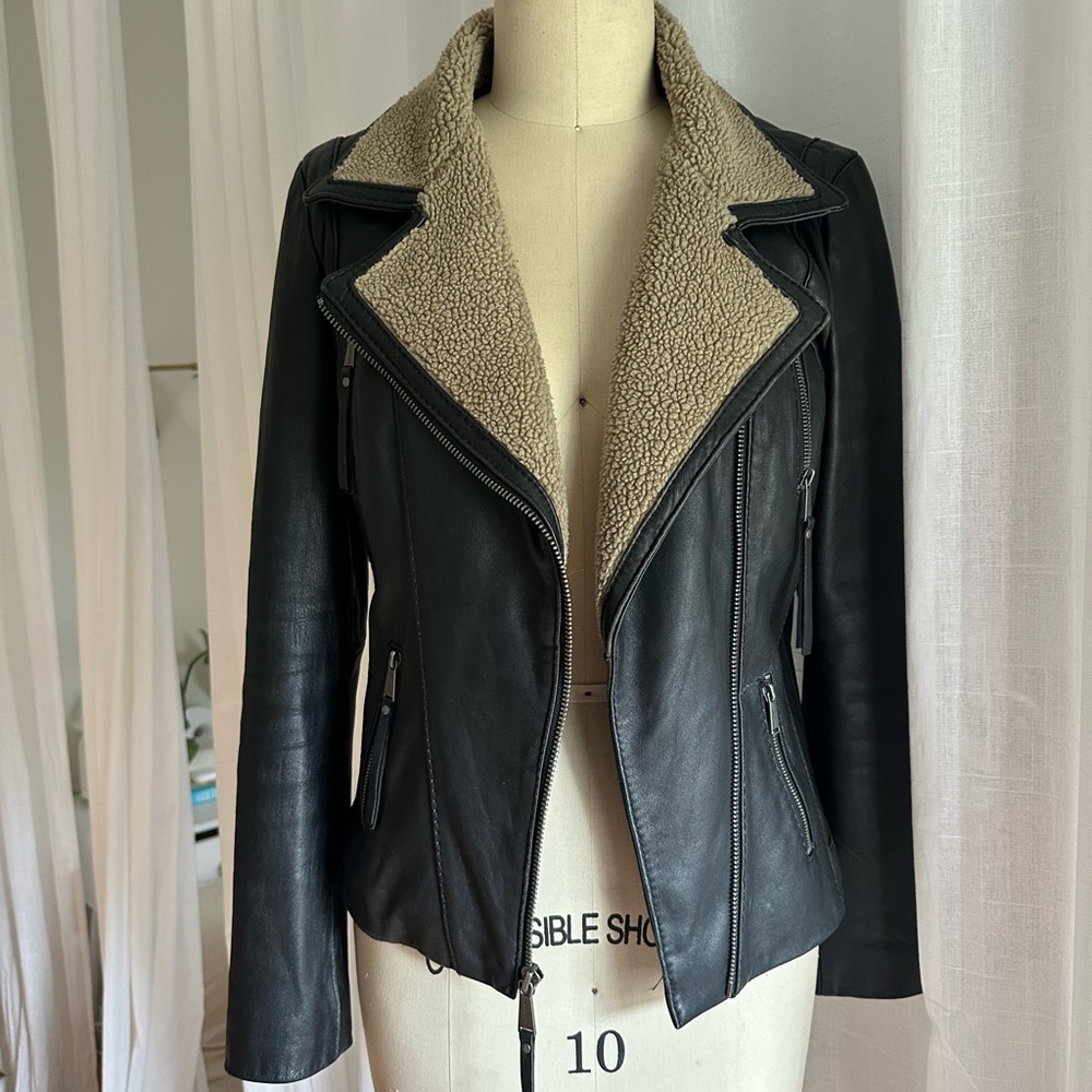 Michael Kors Leather Moto Jacket with Sherpa Collar – Size M
